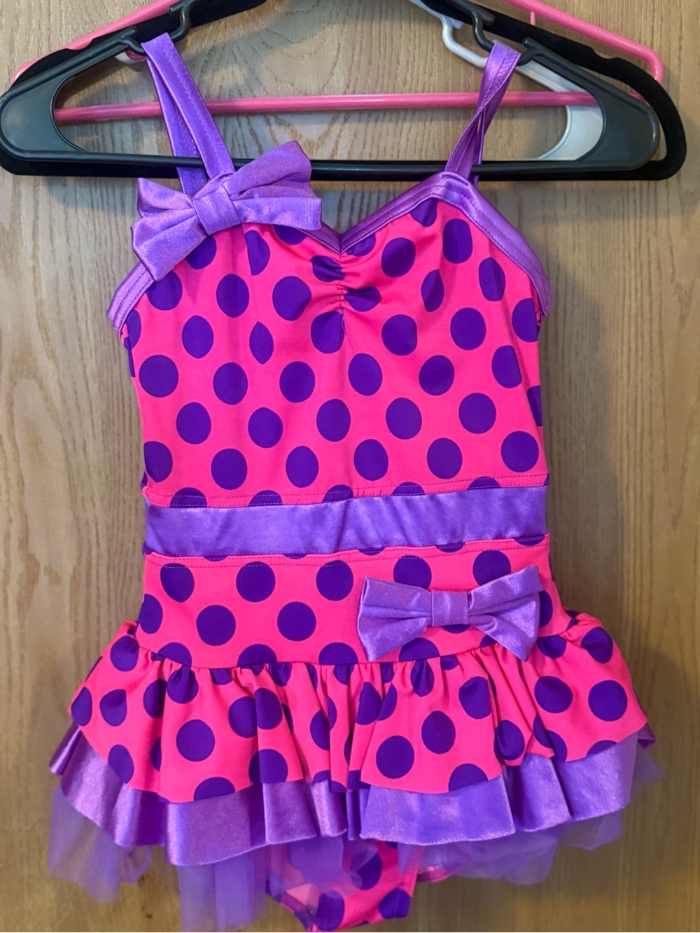 Girls Hot Pink & Purple Polka Dot Dance Costume and bright orange dance costume